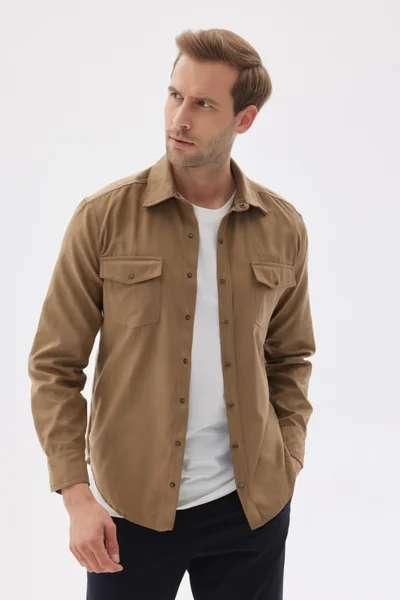 Odelon Slim Fit Men's Beige Shirt Jacket with Pockets