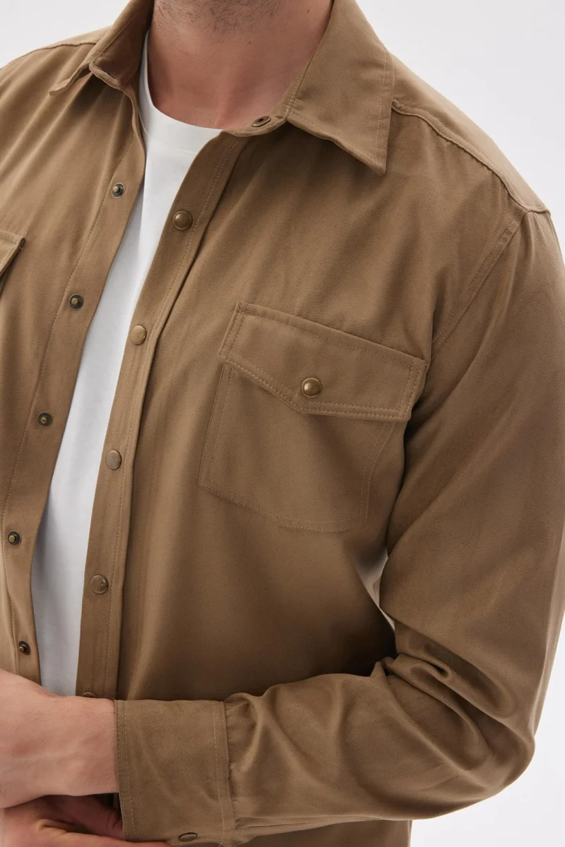 Odelon Slim Fit Men's Beige Shirt Jacket with Pockets