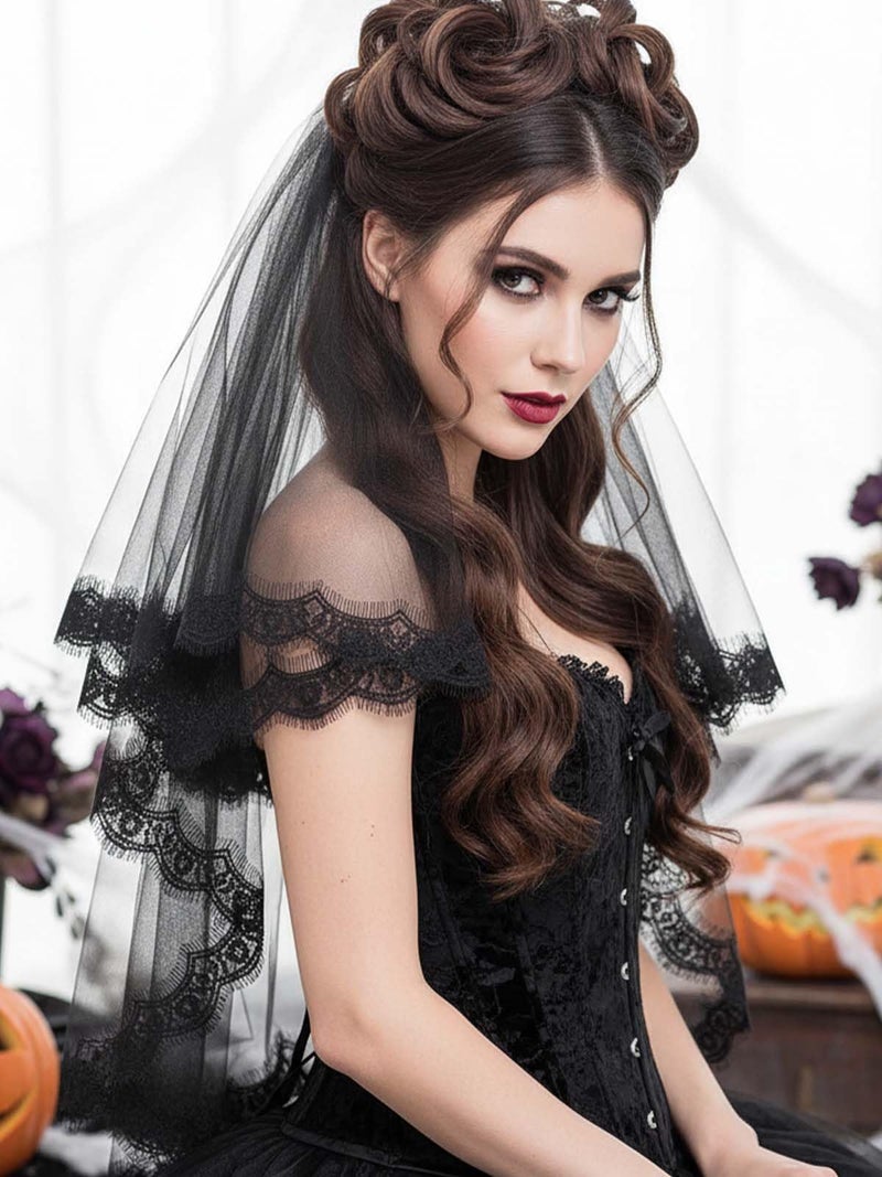 Yokawe Womenâ€™s Bridal Wedding Veil 2 Tier Lace Applique Edge Bride Veils with Comb Black Wedding Headpiece - Image 2