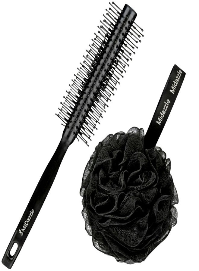 MiDazzle Professional Round Hair Brush & Exfoliating Mesh Loofah Set | Volumizing Blowout Styling Tool | Black Shower Pouf Body Scrubber