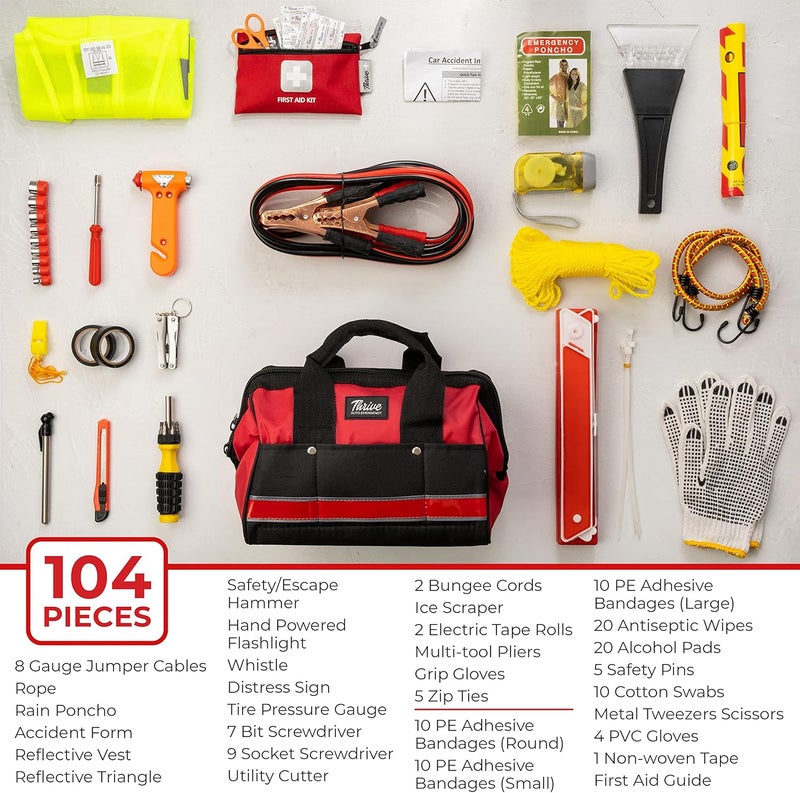 THRIVE Car Emergency Kit & Roadside Emergency Car Kit - 104-Piece Set, Red Canvas Bag, Universal Fit - Jumper Cables, Escape Hammer & Tire Gauge - Road Trip Essentials & Emergency Supplies - Image 2