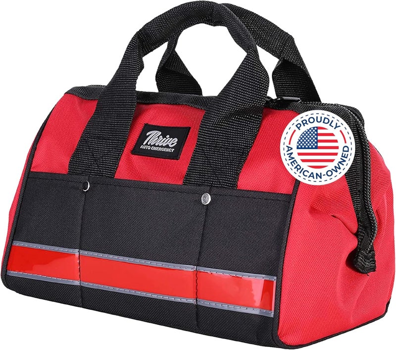 THRIVE Car Emergency Kit & Roadside Emergency Car Kit - 104-Piece Set, Red Canvas Bag, Universal Fit - Jumper Cables, Escape Hammer & Tire Gauge - Road Trip Essentials & Emergency Supplies - Image 1