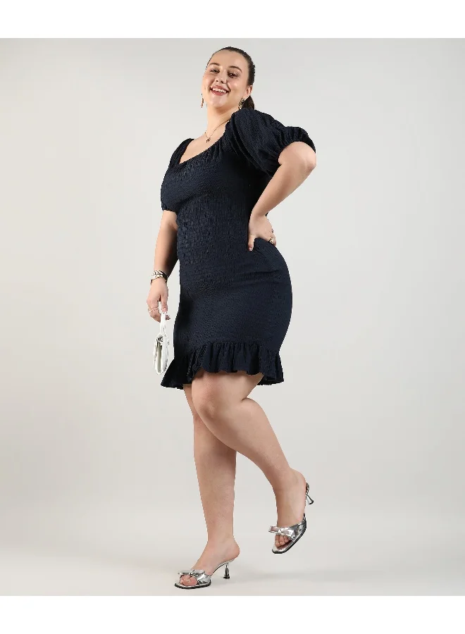 Instafab Plus Women's Navy Blue Ruched Ruffle Dress For Casual Wear | Square Neck | Short Sleeve | Pull On Closure | Plus-Size Dress Crafted With Comfort With For Everyday Wear