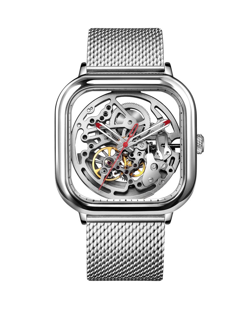CIGA Design Men's Automatic Watch, C Series Full Hollow Skeleton Mechanical Analog Wristwatch with Milanese and Leather Strap Sapphire Crystal Mirror (Silver) - Image 1
