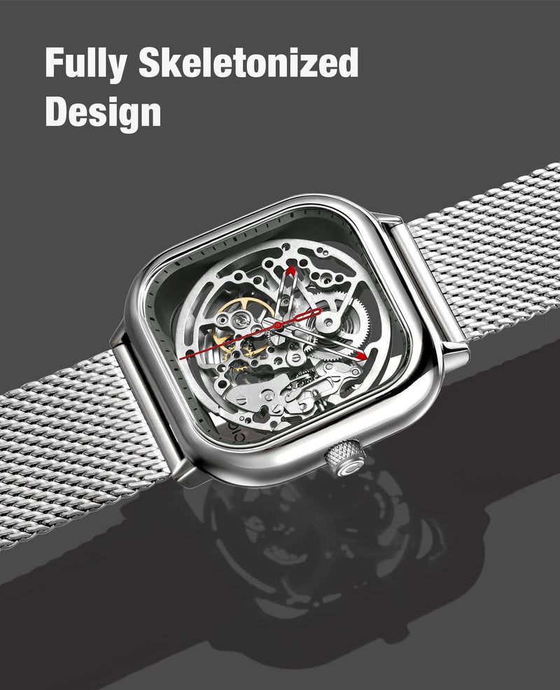 CIGA Design Men's Automatic Watch, C Series Full Hollow Skeleton Mechanical Analog Wristwatch with Milanese and Leather Strap Sapphire Crystal Mirror (Silver) - Image 3