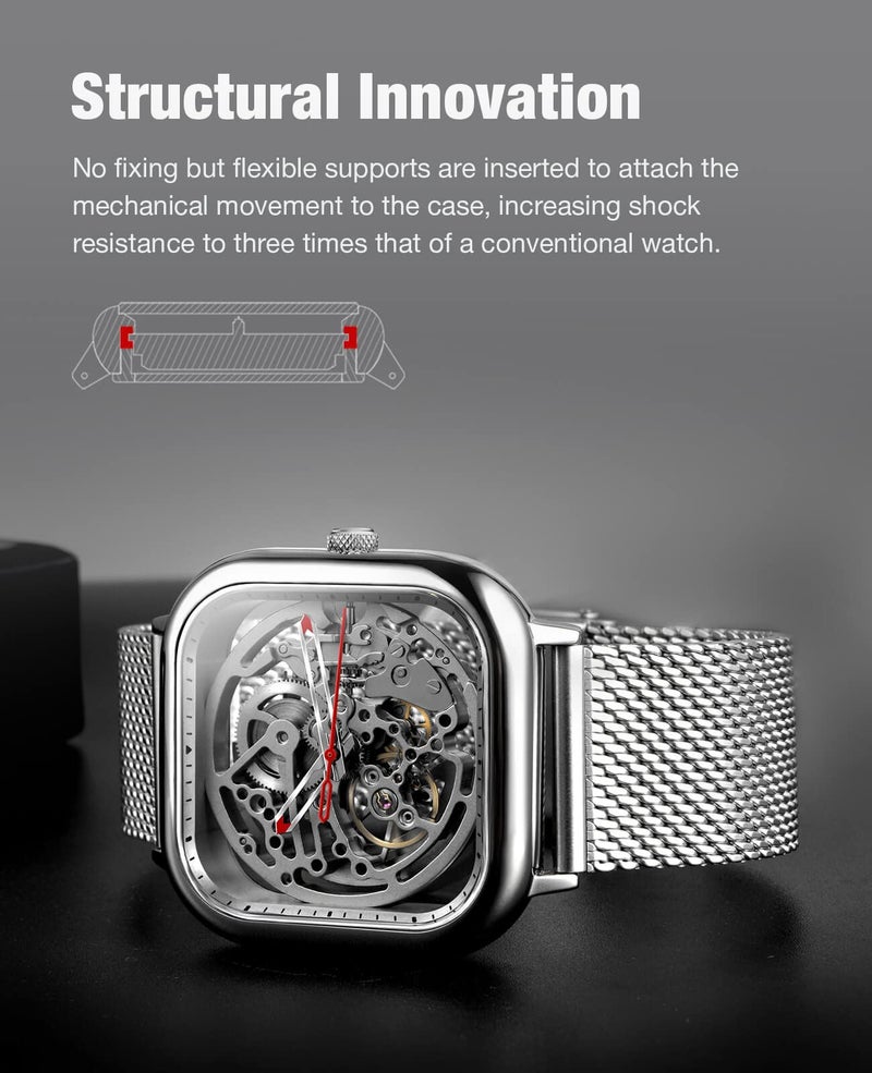 CIGA Design Men's Automatic Watch, C Series Full Hollow Skeleton Mechanical Analog Wristwatch with Milanese and Leather Strap Sapphire Crystal Mirror (Silver) - Image 4