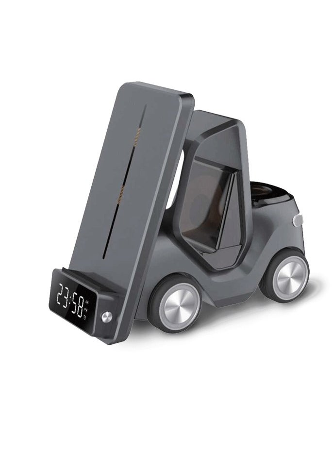 Forklift 5 in 1 Wireless Charger / 15W Smart Phone / 2.5W Smart Watch / 5W Earpods Charger / Wireless Fast Charging / Night Light / Digital Clock Display / Type-C Input / Eye-catching Design - Black