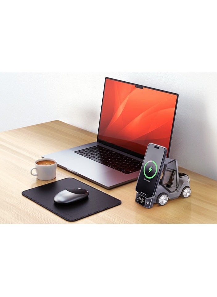 Forklift 5 in 1 Wireless Charger / 15W Smart Phone / 2.5W Smart Watch / 5W Earpods Charger / Wireless Fast Charging / Night Light / Digital Clock Display / Type-C Input / Eye-catching Design - Black