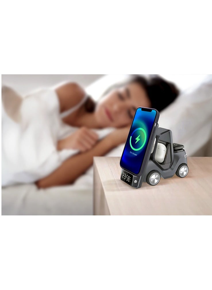 Forklift 5 in 1 Wireless Charger / 15W Smart Phone / 2.5W Smart Watch / 5W Earpods Charger / Wireless Fast Charging / Night Light / Digital Clock Display / Type-C Input / Eye-catching Design - Black
