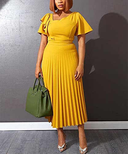 AOMEI Women's Yellow Short Sleeve Asymmetrical Ruffles High Waist Pleated Hem Midi Spring Dress (2XL,XX-Large) - Image 2