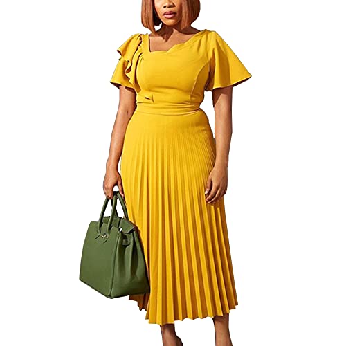 AOMEI Women's Yellow Short Sleeve Asymmetrical Ruffles High Waist Pleated Hem Midi Spring Dress (2XL,XX-Large) - Image 4
