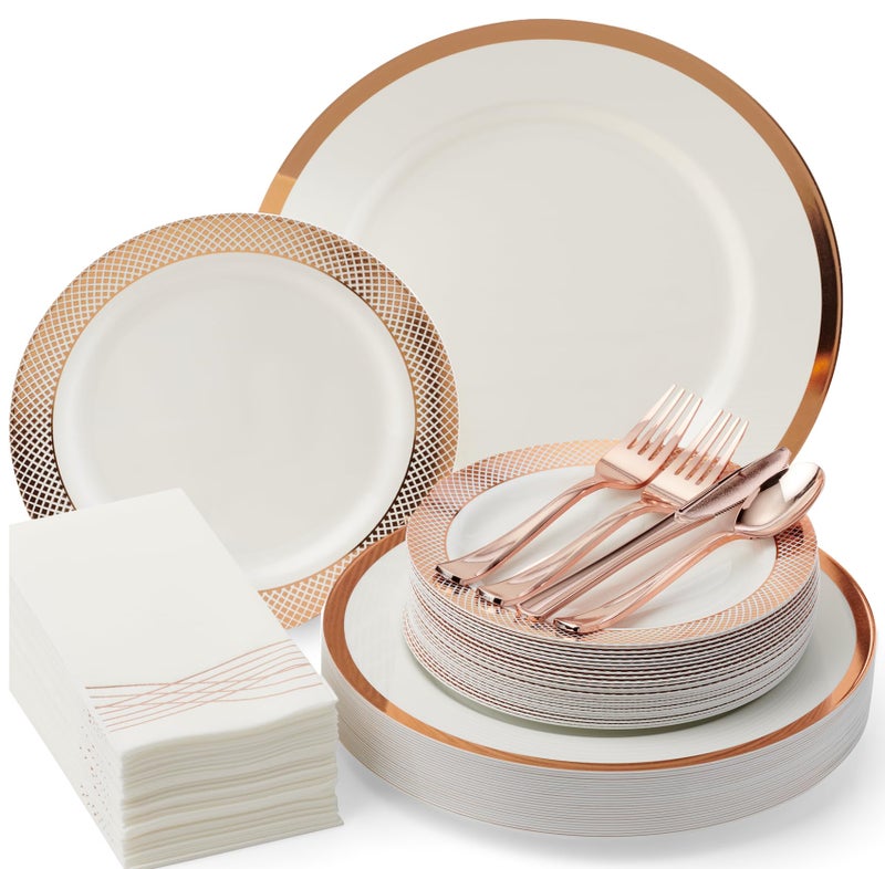 By Madee PREMIUM Elegant Plastic Dinnerware Set - 175 Pc Rose Gold Party Plates and Utensils Set with Luxury Napkins - Perfect for Weddings  Bridal & Baby Shower  Easter (25 Guests) - Image 1