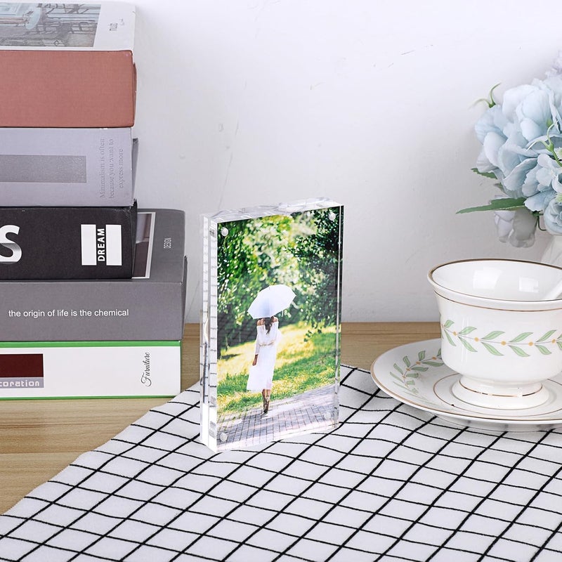 BTSKY 3 * 5 inch Clear Acrylic Magnetic Photo Frame - Double Sided Clear Tabletop Frameless Picture Frame, Thick Frameless Block Display Stand - Image 5