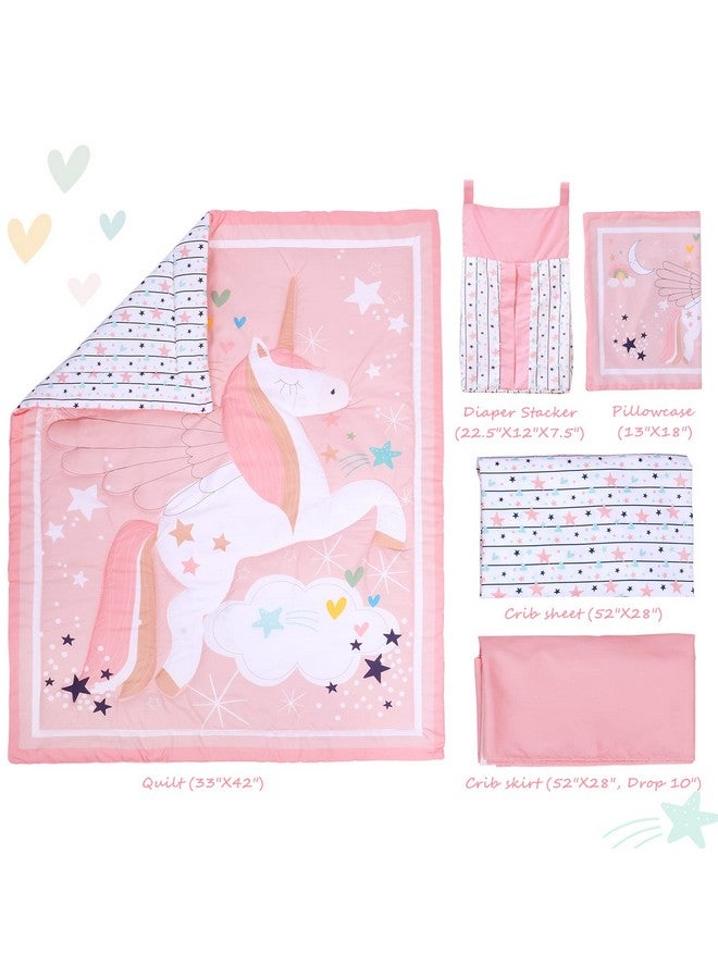 JISEN 5 Piece Crib Bedding Set for Girls Unicorns Baby Girl Bedding Crib Set Nursery Bedding Sets - Crib Quilt Crib Sheet Pillowcase Crib Skirt Diaper Stacker - Image 3
