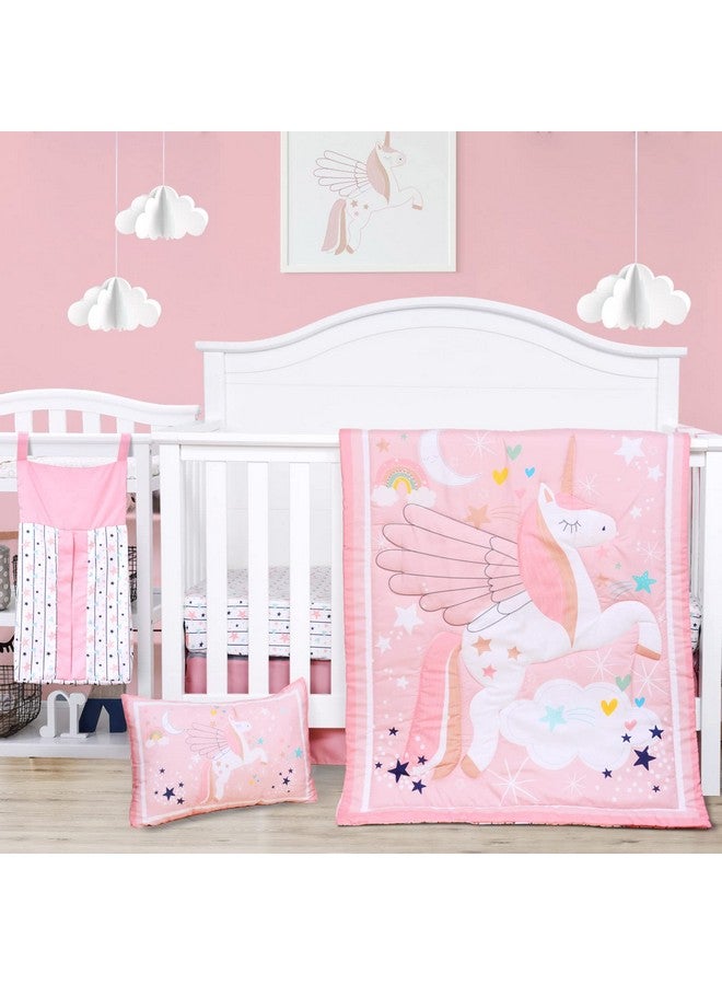 JISEN 5 Piece Crib Bedding Set for Girls Unicorns Baby Girl Bedding Crib Set Nursery Bedding Sets - Crib Quilt Crib Sheet Pillowcase Crib Skirt Diaper Stacker - Image 1
