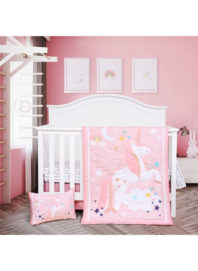 JISEN 5 Piece Crib Bedding Set for Girls Unicorns Baby Girl Bedding Crib Set Nursery Bedding Sets - Crib Quilt Crib Sheet Pillowcase Crib Skirt Diaper Stacker - Image 2