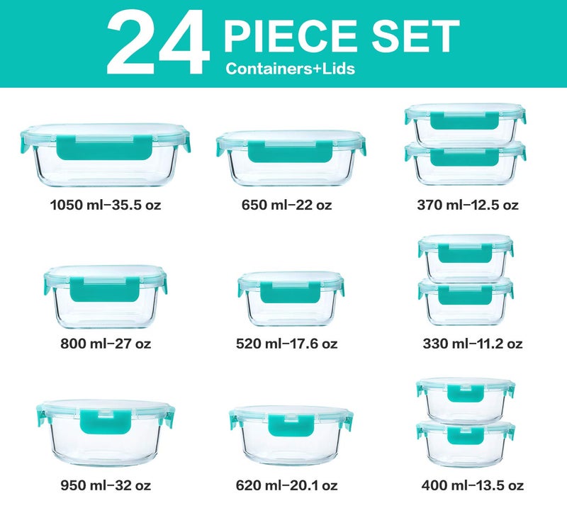M MCIRCO 24-Piece Glass Food Storage Containers with Locking Lids,Glass Meal Prep Containers Set - Airtight Lunch Containers, Microwave, Oven, Freezer and Dishwasher,Green - Image 2