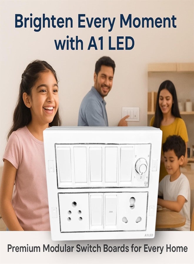 A1 LED 12 Module Switch Board with Fan Regulator, 6A & 20A Switch, 16A Socket, Modular Wall Mounted Electrical Panel, Heavy Duty White Switch Board for Home Office - Image 3