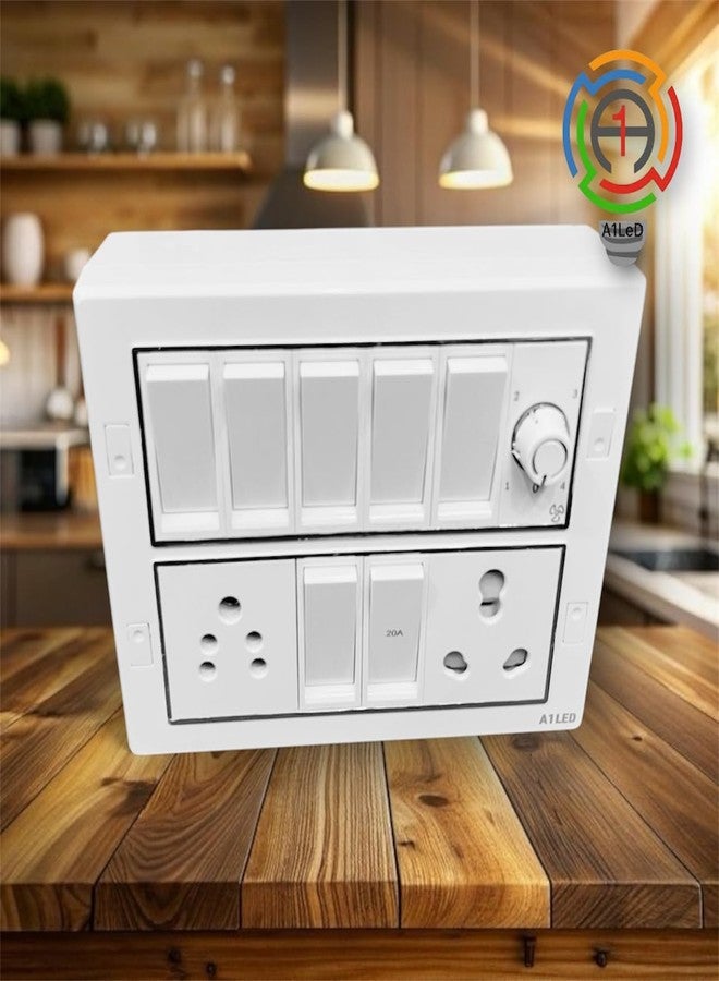 A1 LED 12 Module Switch Board with Fan Regulator, 6A & 20A Switch, 16A Socket, Modular Wall Mounted Electrical Panel, Heavy Duty White Switch Board for Home Office - Image 2