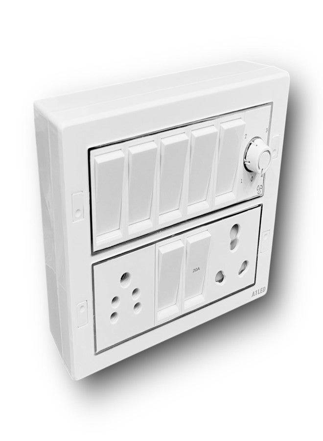 A1 LED 12 Module Switch Board with Fan Regulator, 6A & 20A Switch, 16A Socket, Modular Wall Mounted Electrical Panel, Heavy Duty White Switch Board for Home Office - Image 1