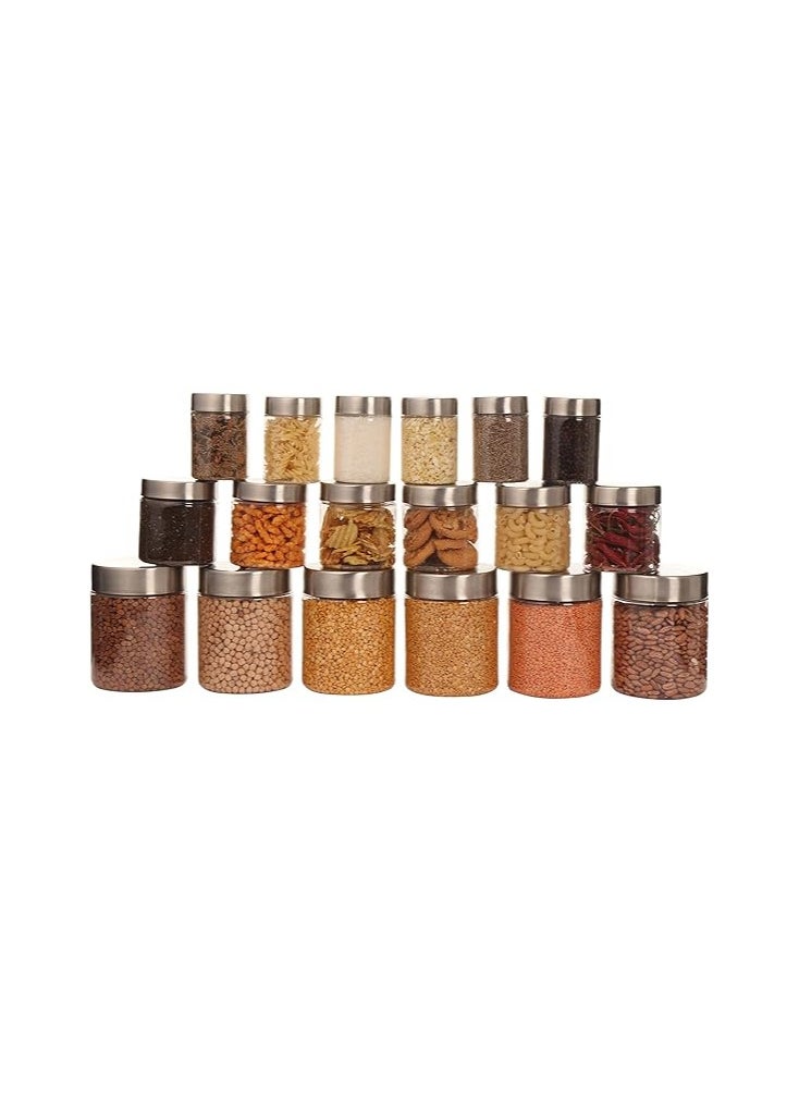 Atlasware Pearlpet Plus Container For Kitchen Storage Set With Stainless Steel Caps Set Pack Of 18 Pcs 300 Ml, 500 Ml, 1000 Ml Suitable For Rack, Spices, Fridge Transparent  - Image 1
