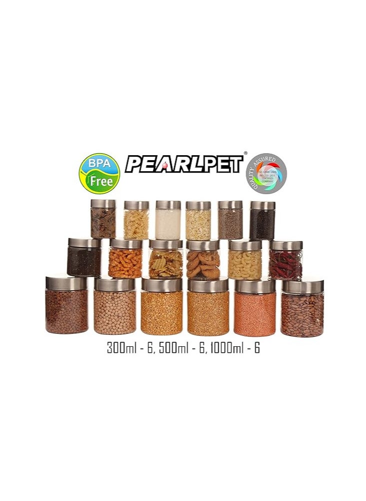 Atlasware Pearlpet Plus Container For Kitchen Storage Set With Stainless Steel Caps Set Pack Of 18 Pcs 300 Ml, 500 Ml, 1000 Ml Suitable For Rack, Spices, Fridge Transparent  - Image 2
