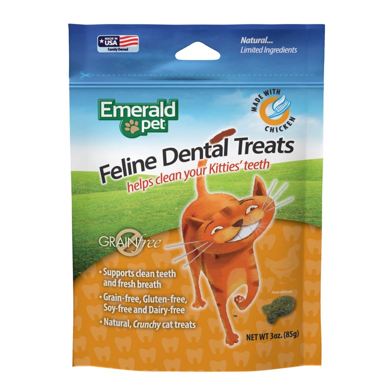 Emerald Pet Feline Dental Treats â€” Tasty and Crunchy Cat Dental Treats Grain Free â€” Natural Dental Treats to Clean Cat Teeth, Freshen Cat Breath, and Reduce Plaque and Tartar Buildup â€” Chicken Treats, 3 oz - Image 1