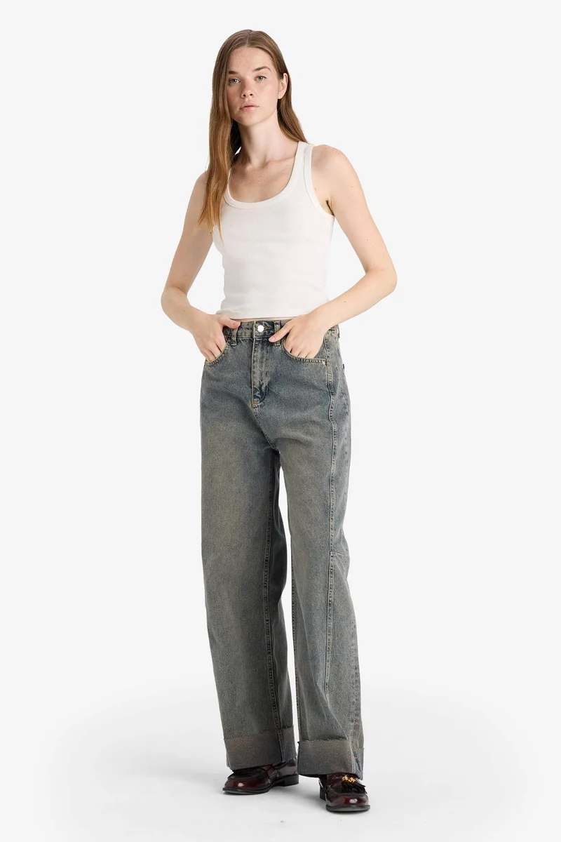 DeFacto Barrel Fit High Waist Long Washed Jeans