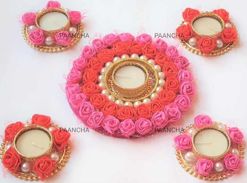 PAANCHA TEALIGHT Rangoli Artificial Flower Diwali Diya Rangoli Floor DecorationSet of 16INCH PC of Acrylic Base43 INCH PCS of Metal Base Pink RED