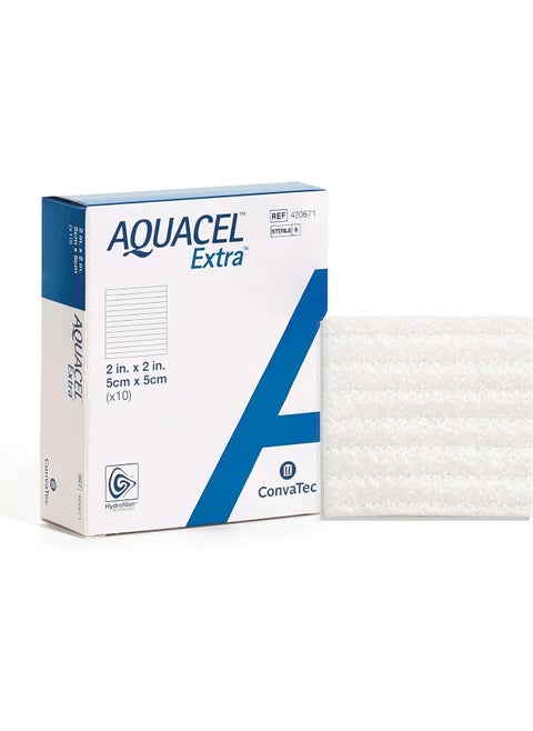 Aquacel Extra 2"X2" Hydrofiber Two-Dimensional Dressing Soft Absorbent Non-Woven Wound Dressing Box Of 10