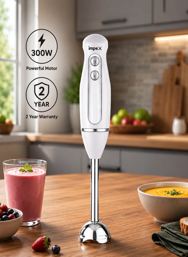 Impex Hand Blender Mixer 300W| 2 Speed Control | Stainless Steel Rod & Blade | Overheat Protection | 2-Year Warranty | Efficient & Durable Handheld Blender for Smoothies, Soups, Sauces & More HB 3201 White - Image 1