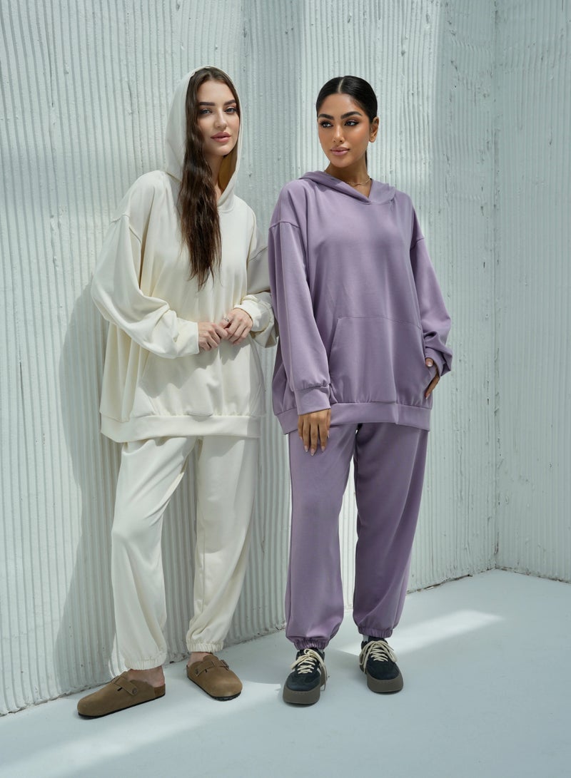 Andy 6616 | Women's Cotton Oversized Two-Piece Hoodie Set Relaxed Fit Hoodie with Front Pocket and Jogger Pants | Off-White  - Image 1
