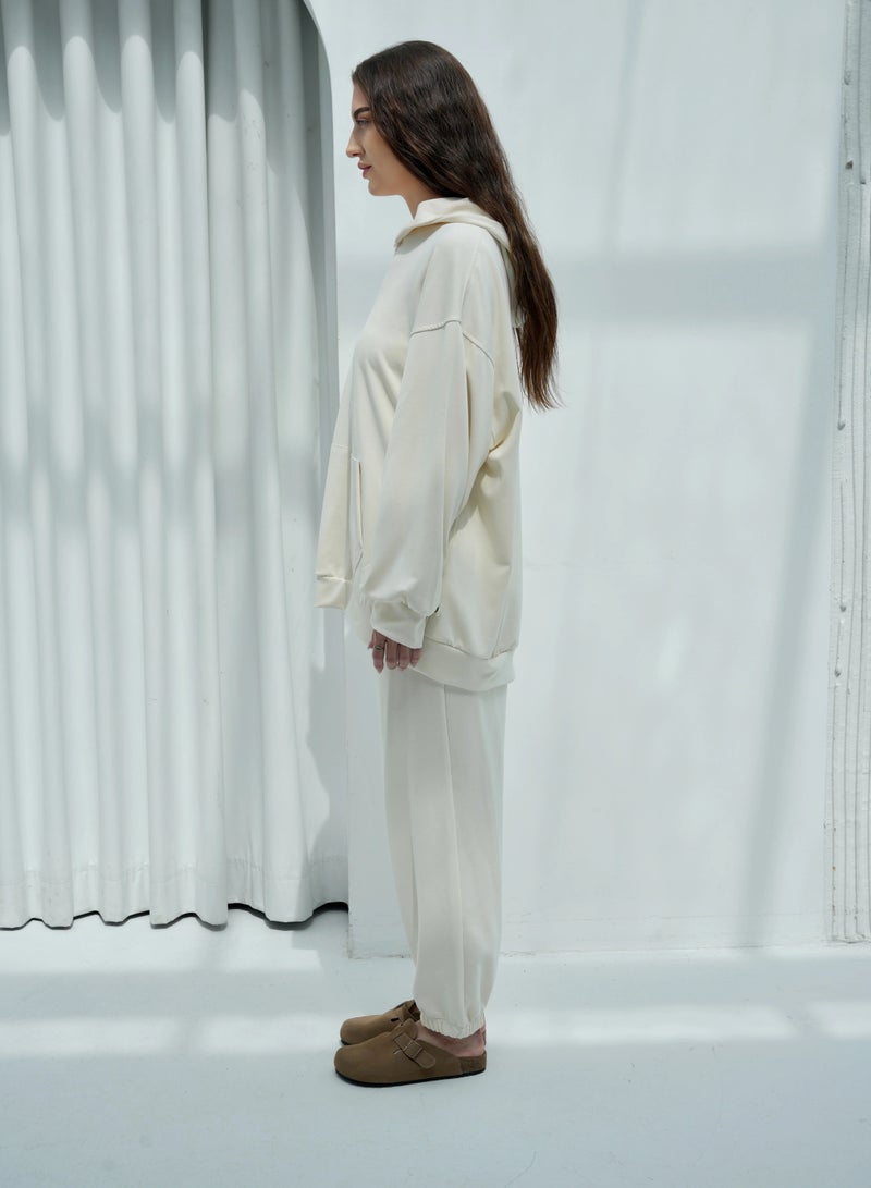 Andy 6616 | Women's Cotton Oversized Two-Piece Hoodie Set Relaxed Fit Hoodie with Front Pocket and Jogger Pants | Off-White  - Image 2