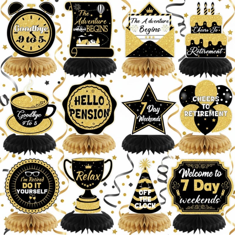 Pickmesh 12 Pcs Retirement Party Decorations Honeycomb Gold Glitter Retirement Table Centerpieces 3D Double Sided Hello Pension Table Decoration Topper for Men Women Party Favors Supplies - Image 3