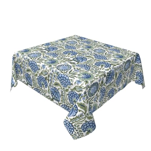 Sorktse Blue Sage Green Floral Tablecloth Square 54 Inch Vintage Chinoiserie Floral Table Cloth Polyester Fabric Spring Summer Boho Flowers Table Cover for Kitchen Holiday Party Dining Picnic Outdoor Decor - Image 1