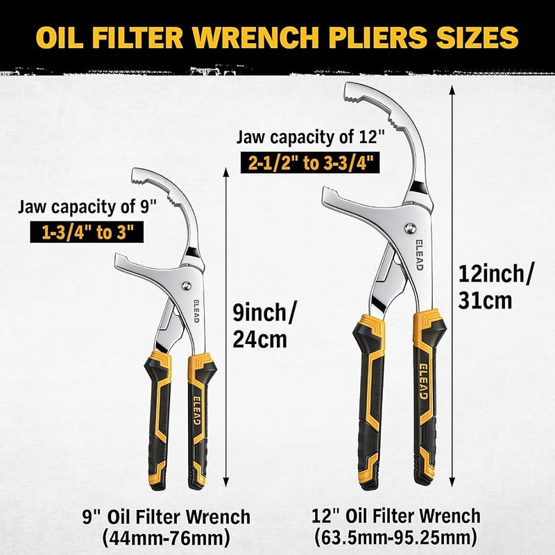 ELEAD Adjustable Oil Filter Wrench Set - 9 & 12 Pliers for Cars, Trucks, Motorcycles - Durable Carbon Steel, Ergonomic Grip, Easy Access Design - Image 2