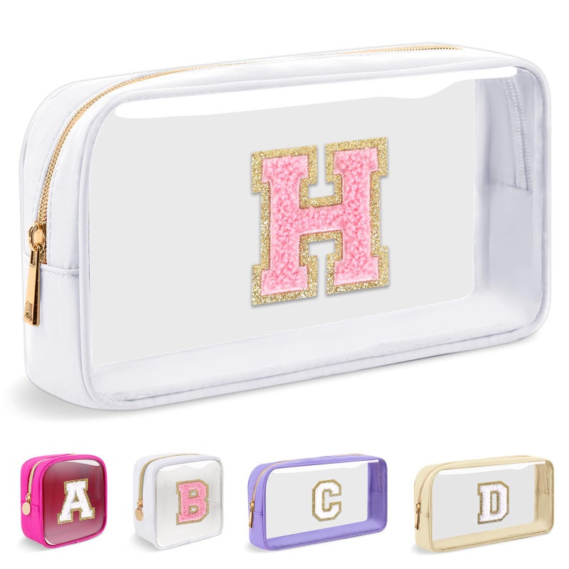 Iqimott Small Clear Personalized Initial Makeup BagNylon Preppy AZ Chenille Letter Patch Cosmetic Pouch Beach Toiletry BagWaterproof Zipper Travel Purse Storage Bag Organizer for Women GirlsWhitePink H - Image 2