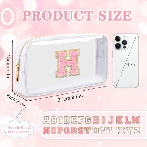 Iqimott Small Clear Personalized Initial Makeup BagNylon Preppy AZ Chenille Letter Patch Cosmetic Pouch Beach Toiletry BagWaterproof Zipper Travel Purse Storage Bag Organizer for Women GirlsWhitePink H - Image 3