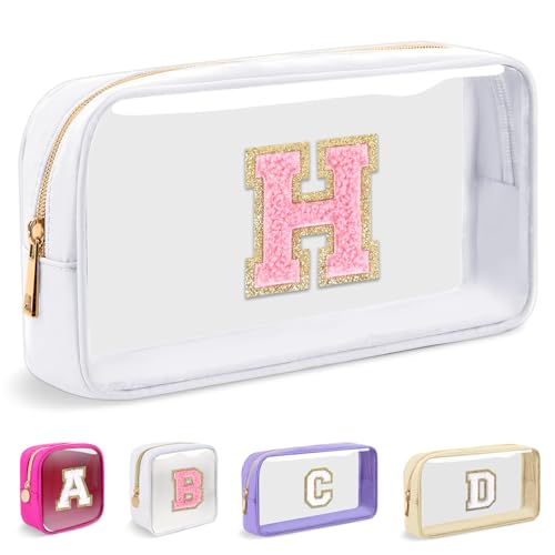 Iqimott Small Clear Personalized Initial Makeup BagNylon Preppy AZ Chenille Letter Patch Cosmetic Pouch Beach Toiletry BagWaterproof Zipper Travel Purse Storage Bag Organizer for Women GirlsWhitePink H - Image 1