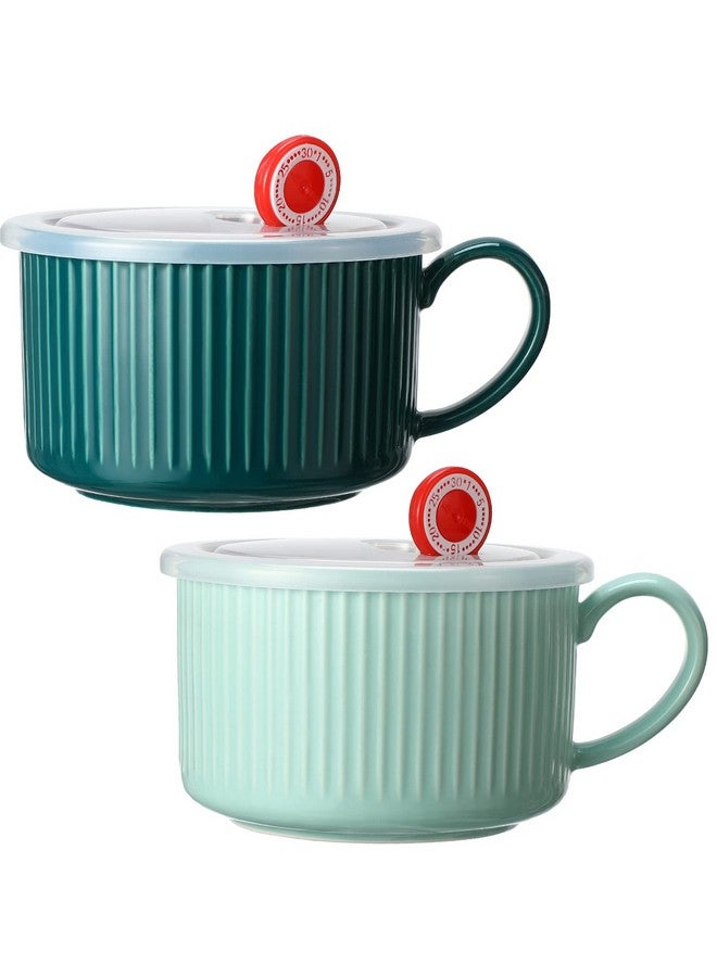 Nuenen 2 Pcs Soup Bowls with Lids and Handles 30 oz Microwave Safe Ceramic Soup Mug Microwavable Ramen Containers with Lids Large Colorful Cups for Noodle Cereal kitchen(Blue, Dark Green) - Image 1
