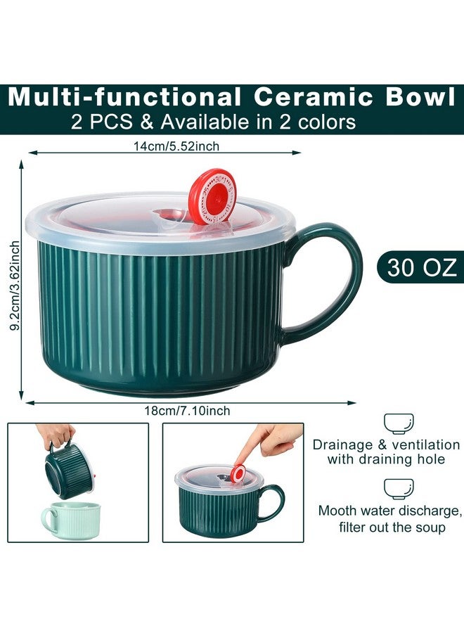 Nuenen 2 Pcs Soup Bowls with Lids and Handles 30 oz Microwave Safe Ceramic Soup Mug Microwavable Ramen Containers with Lids Large Colorful Cups for Noodle Cereal kitchen(Blue, Dark Green) - Image 2