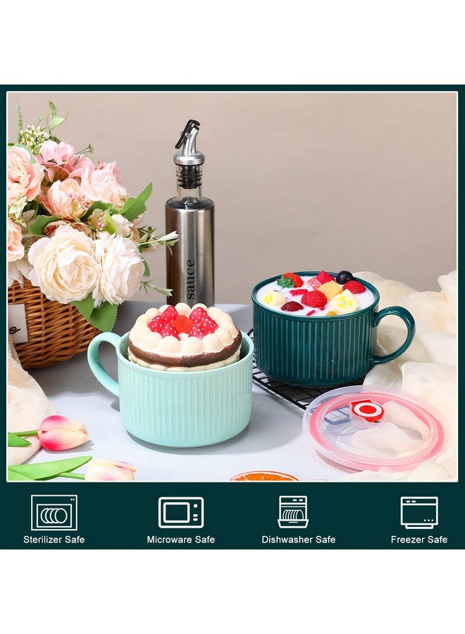 Nuenen 2 Pcs Soup Bowls with Lids and Handles 30 oz Microwave Safe Ceramic Soup Mug Microwavable Ramen Containers with Lids Large Colorful Cups for Noodle Cereal kitchen(Blue, Dark Green) - Image 3