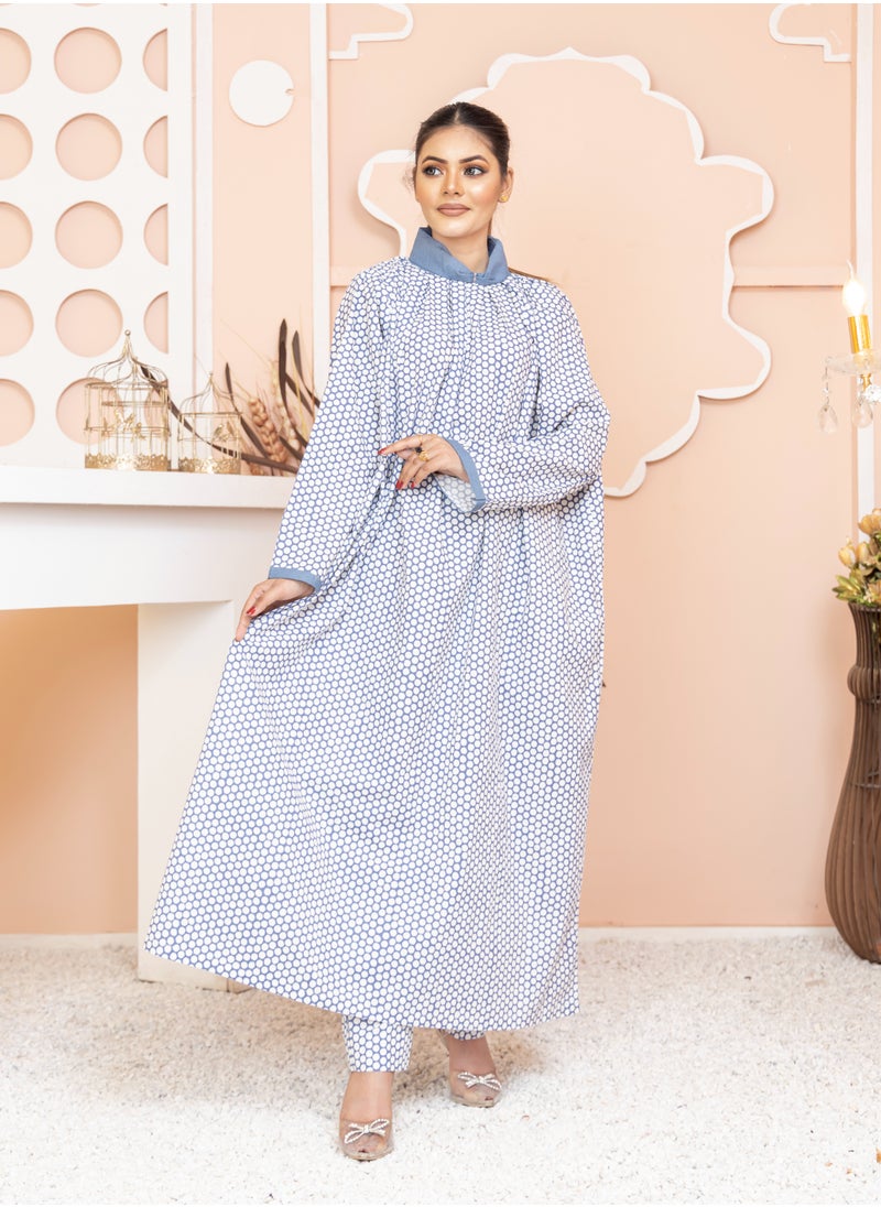ZOUQ - Pure Cotton Long Jalabya with Collared Neck, White and Blue Print, Paired with a Stylish Blue Jacket - Image 1
