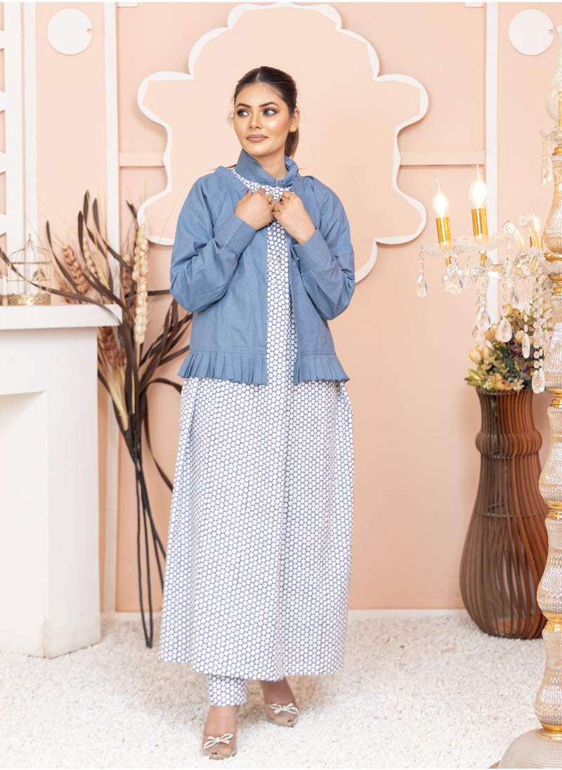 ZOUQ - Pure Cotton Long Jalabya with Collared Neck, White and Blue Print, Paired with a Stylish Blue Jacket - Image 1