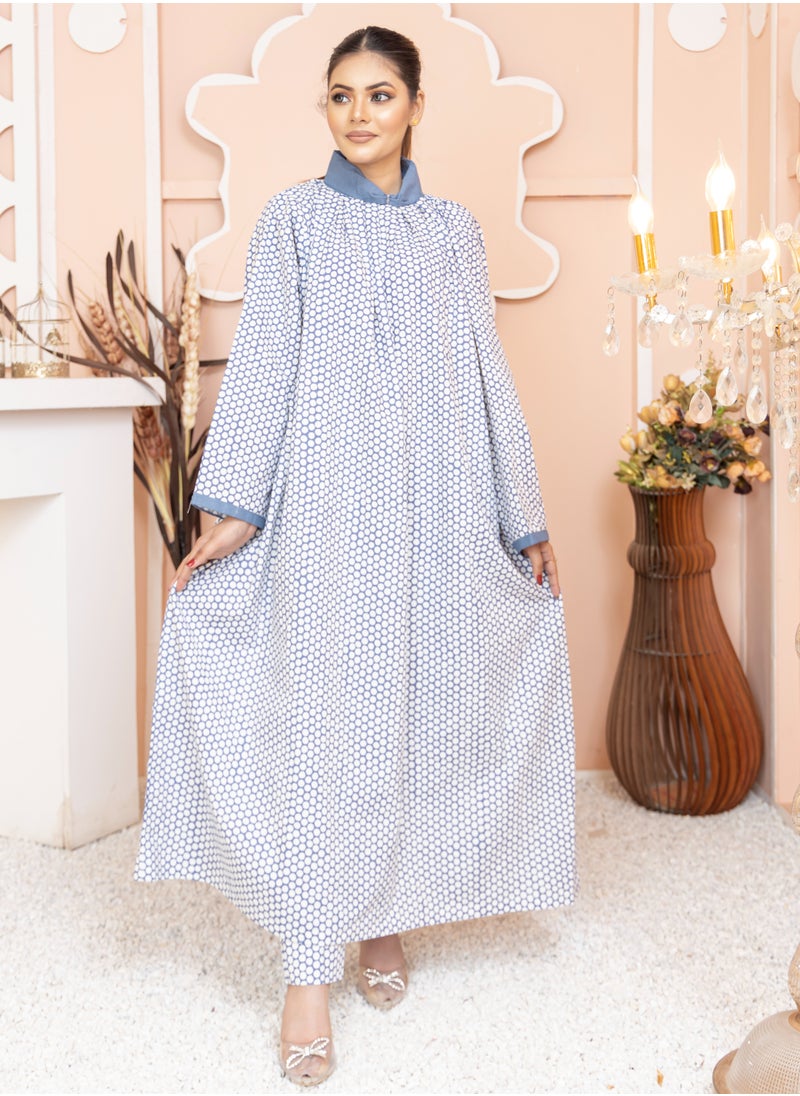 ZOUQ - Pure Cotton Long Jalabya with Collared Neck, White and Blue Print, Paired with a Stylish Blue Jacket - Image 1