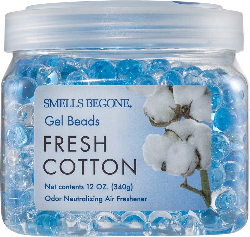 SMELLS BEGONE Odor Eliminator Gel Beads - Air Freshener - Eliminates Odor in Bathrooms, Cars, Boats, RVs & Pet Areas - Made with Essential Oils - Fresh Cotton Scent - 12 Ounce - Image 1
