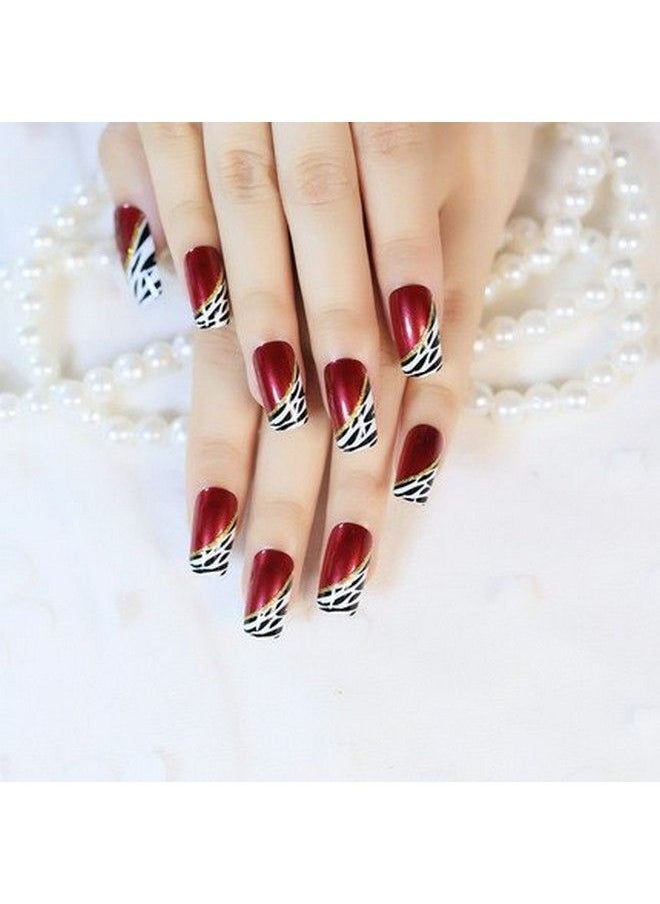 YUNAI 24 Pcs Medium Length Full Cover False Nails French Ellipse Red Wine Oblique Leopard Fake Nails  - Image 3