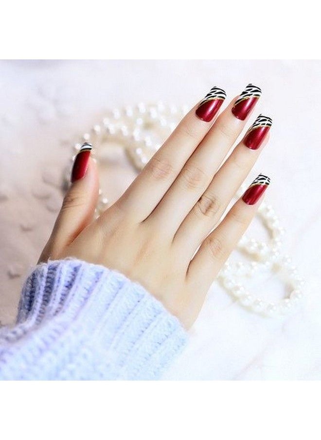 YUNAI 24 Pcs Medium Length Full Cover False Nails French Ellipse Red Wine Oblique Leopard Fake Nails  - Image 4