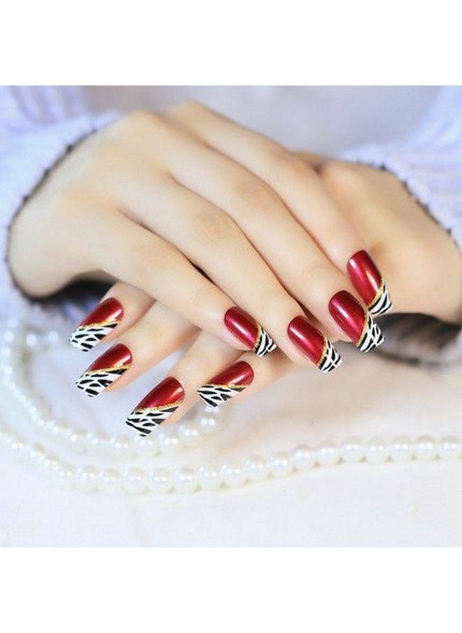 YUNAI 24 Pcs Medium Length Full Cover False Nails French Ellipse Red Wine Oblique Leopard Fake Nails  - Image 5