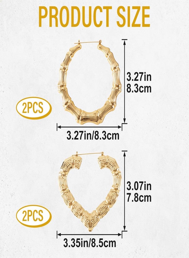 STSTR 2 Pairs Large Bamboo Earrings for Women, 2 Styles, Gold - Image 2